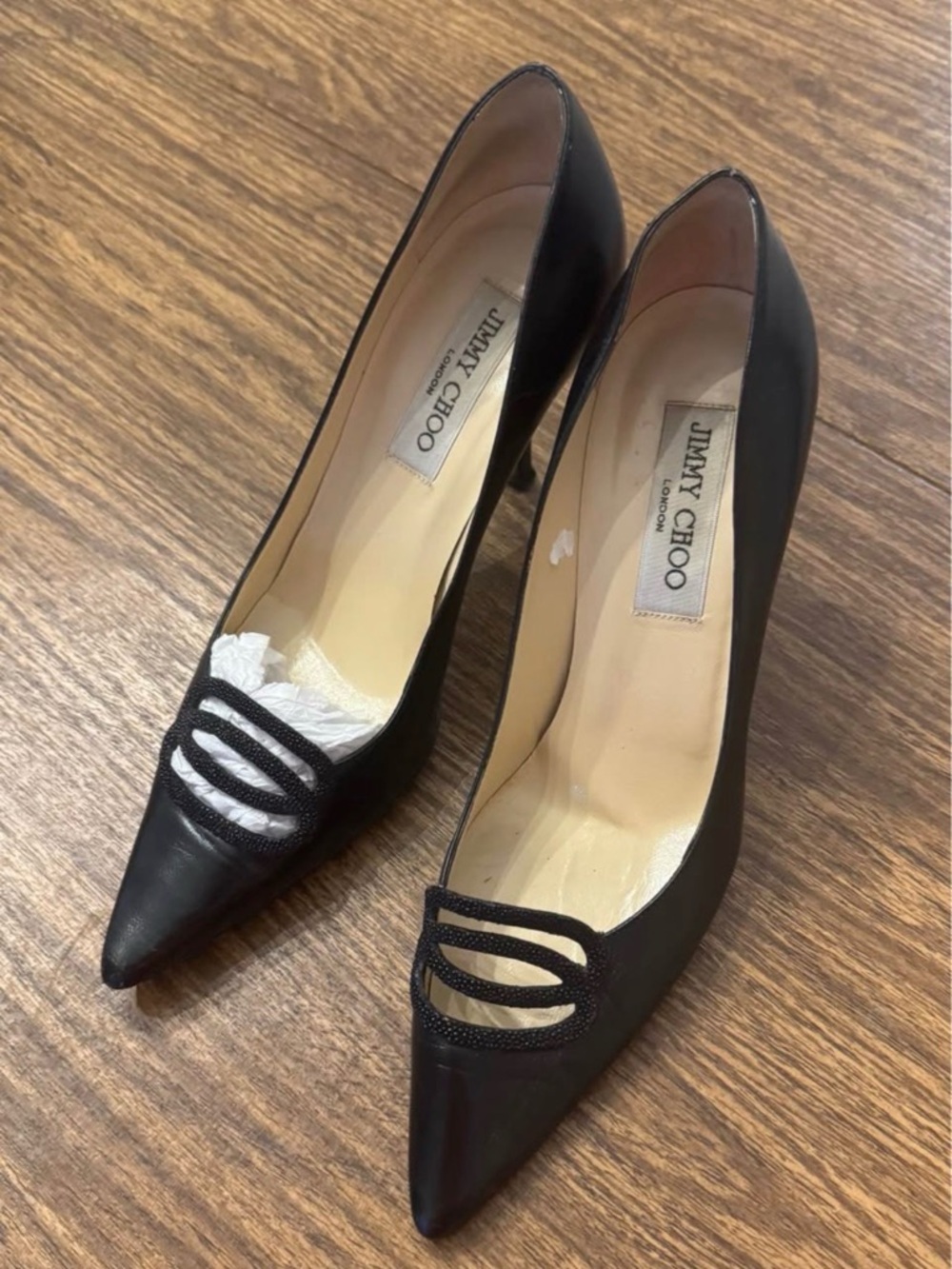 Jimmy Choo Black Leather Pointed Toe Pumps with Strappy Detail
